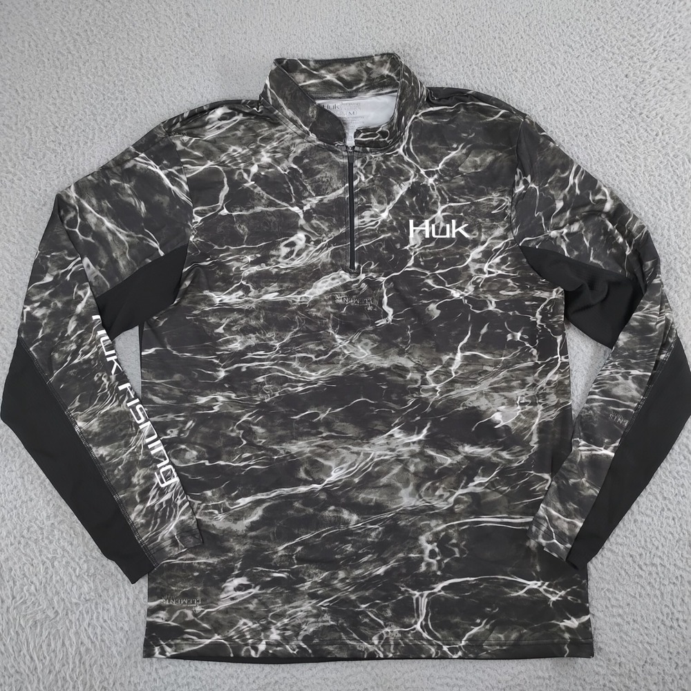 HUK Performance Fishing Shirt Mens Medium Mossy Oak Elements Aqua Black Camo LS